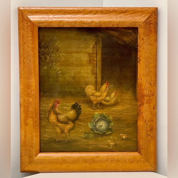 Vintage Birdseye Maple Framed Canvas Oil Painting Rooster Hen Chicks Farmhouse - Picture 16 of 16